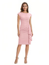 Mother of The Bride Dress Beautiful Jewel Cap Sleeve Crepe Sheath Midi Gown Ruffled Stylish Design