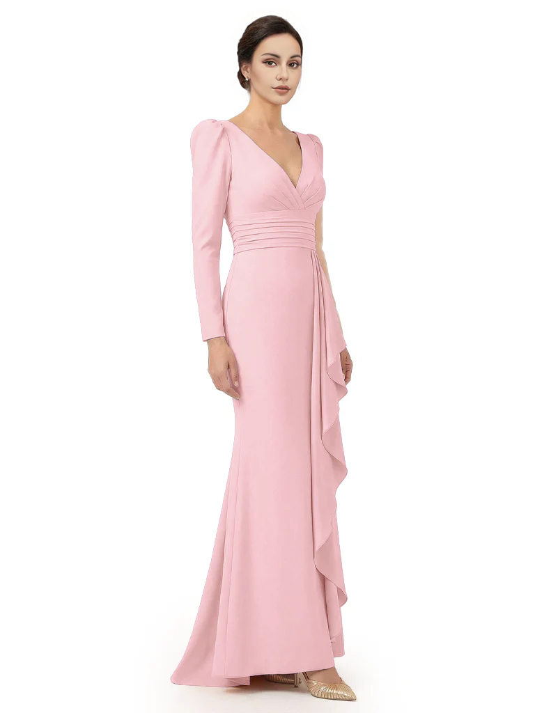 V-Neck Long Sleeves Ruffle Crepe Mother Of The Groom Dress Mermaid