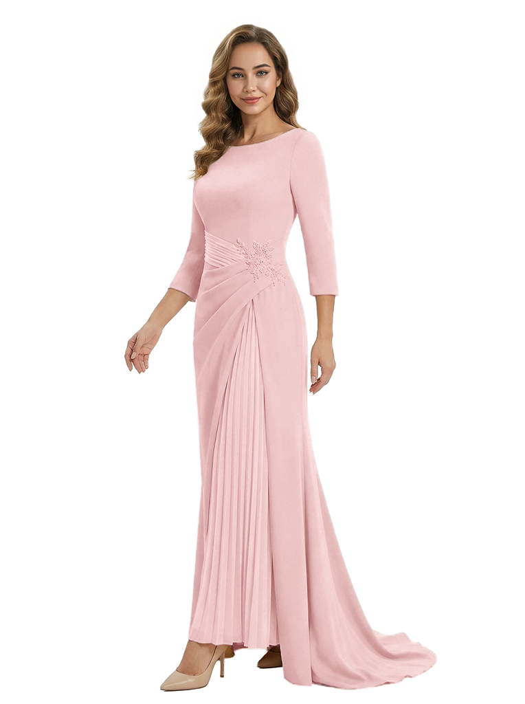 Mother of The Groom Dress Elegant Crew Scoop 3/4 Sleeve Crepe Maxi Gown Pleated Detail Classy Look