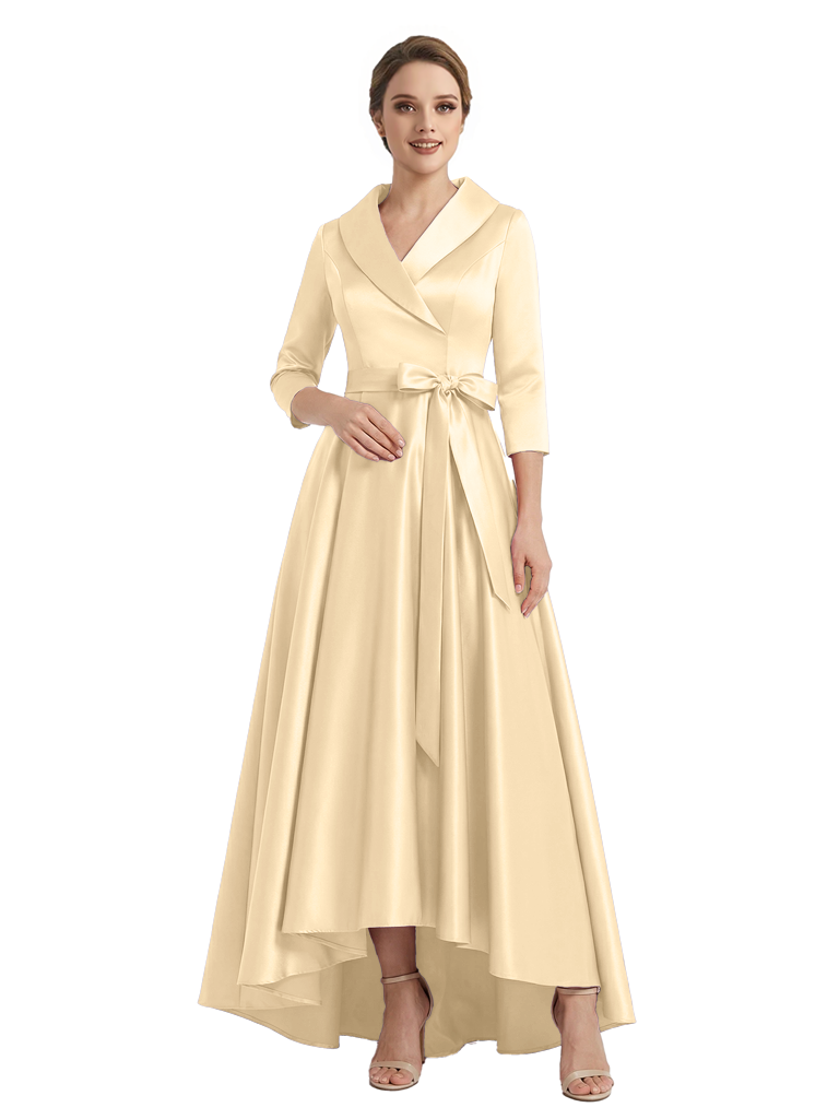 Modern High-Low 3/4 Sleeves Satin Mother Of The Bride Dress With Bow Knot