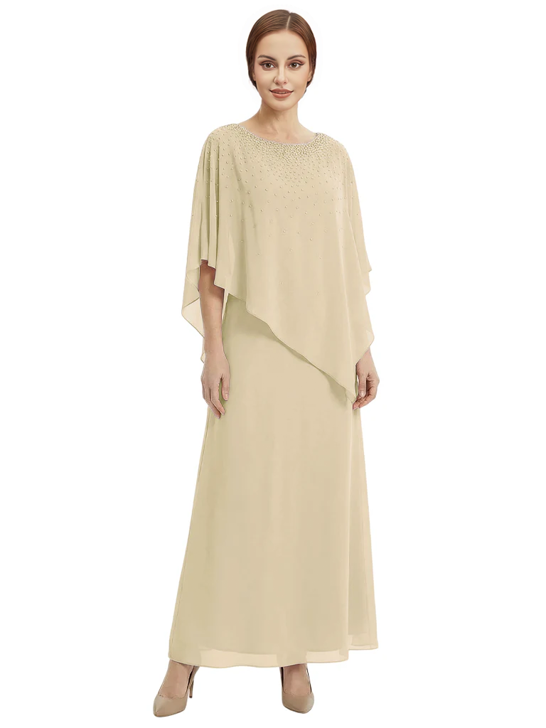 Classy Beaded Chiffon Overlay Poncho Style Mother of the Bride Gown