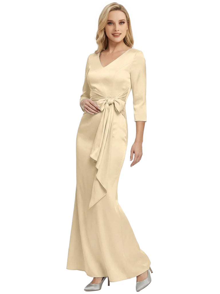 Mother of The Bride Dress Elegant V-Neck 3/4 Sleeve Satin Trumpet Maxi Gown
