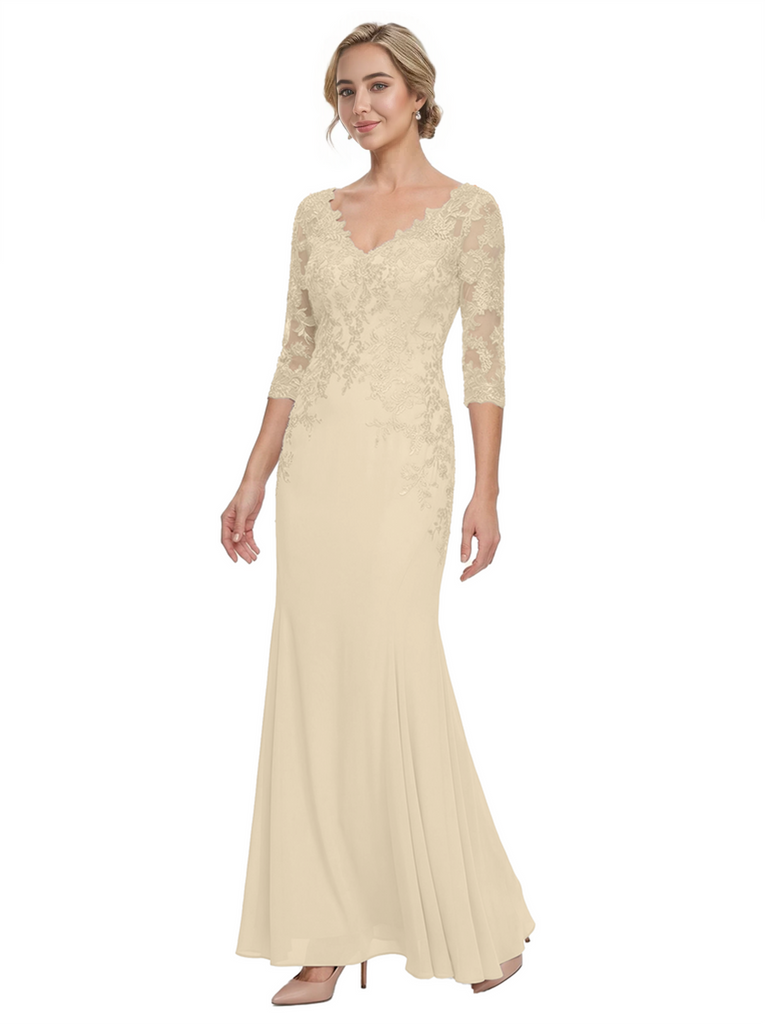 Mother of The Bride Gown V-Neck Half Sleeve Lace Chiffon Trumpet Maxi Dress Unique Sophisticated