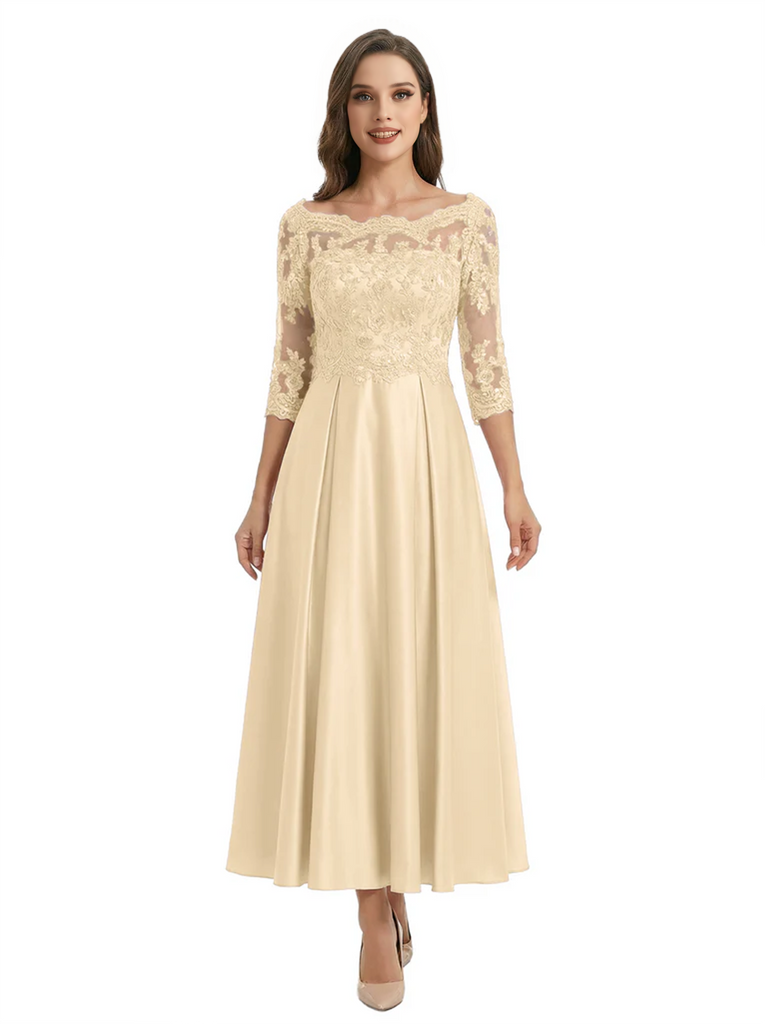 Mother of The Groom Dress Off Shoulder 3/4 Sleeve Lace Satin Midi Gown Classy Pleated