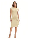 Mother of The Bride Dress Beautiful Jewel Cap Sleeve Crepe Sheath Midi Gown Ruffled Stylish Design