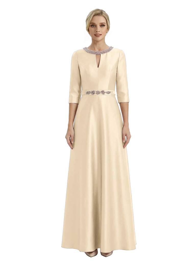 Sophisticated 3/4 Sleeves Beaded A-Line Satin Mother Of The Bride Dress