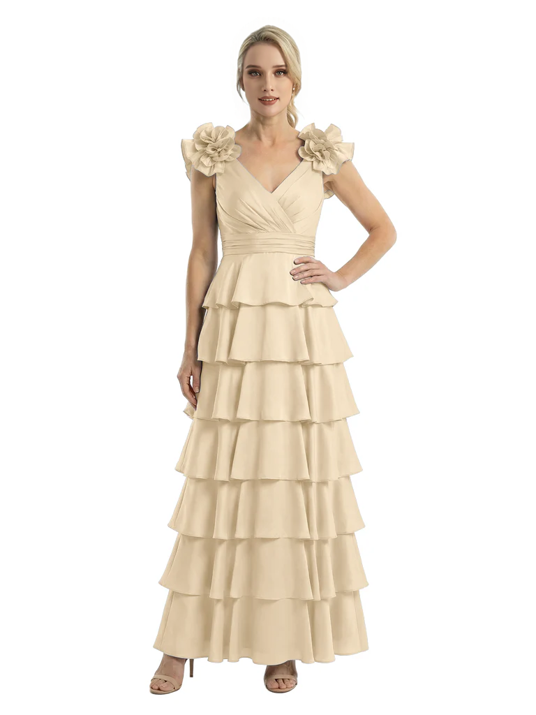 Mother of The Bride Dresses V-Neck Sleeveless Satin Tiered Maxi Gown Unique Flower Detailed Formal Wedding Event Attire