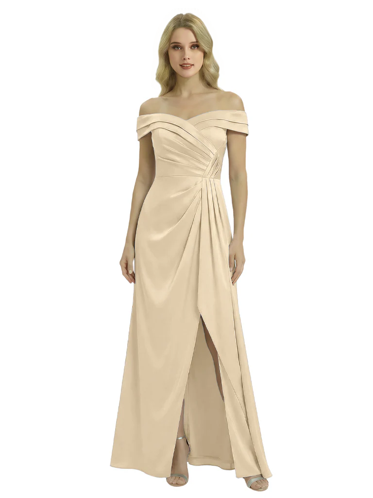 Off The Shoulder Mother Of The Groom Dresses Side Slit Satin Ruched A-Line  Gown