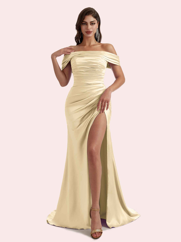 cetims bridesmaid dresses Sexy Side Slit Mermaid Off Shoulder Long Soft Satin Bridesmaid Dresses Online For Sale