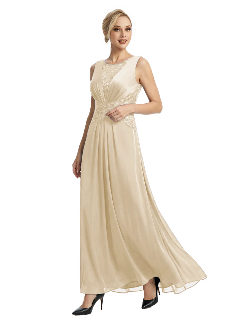 Mother of The Bride Dresses Scoop Sleeveless Lace Chiffon Maxi Gown Classy Ruched Formal Wedding Event Dress