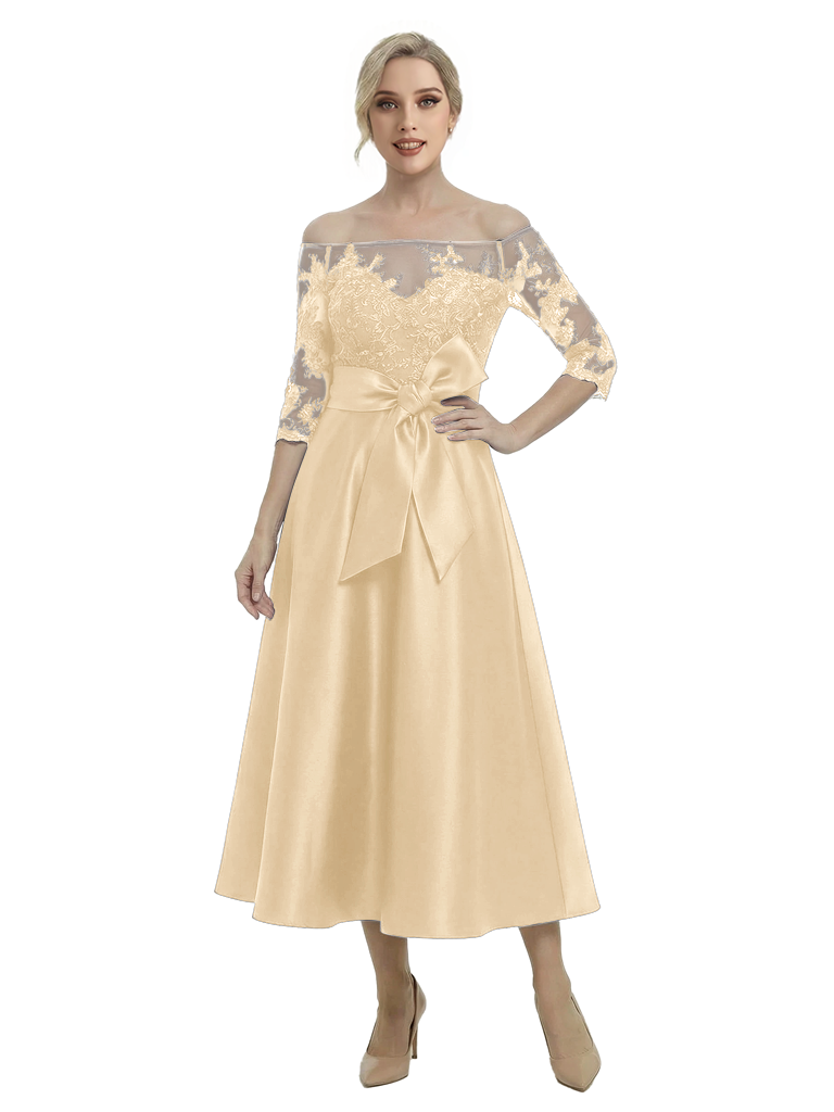 Unique Off Shoulder Tea-Length Satin Mother Of The Bride Dress With Lace Illusion