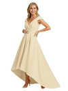Mother of The Groom Dress Fancy Cap Sleeve Crepe High-Low A-Line Gown Elegant Belt Accent