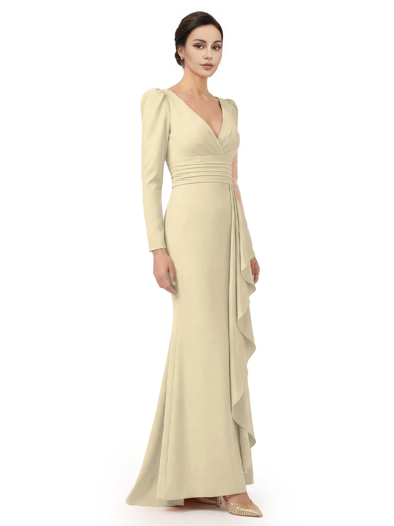 V-Neck Long Sleeves Ruffle Crepe Mother Of The Groom Dress Mermaid