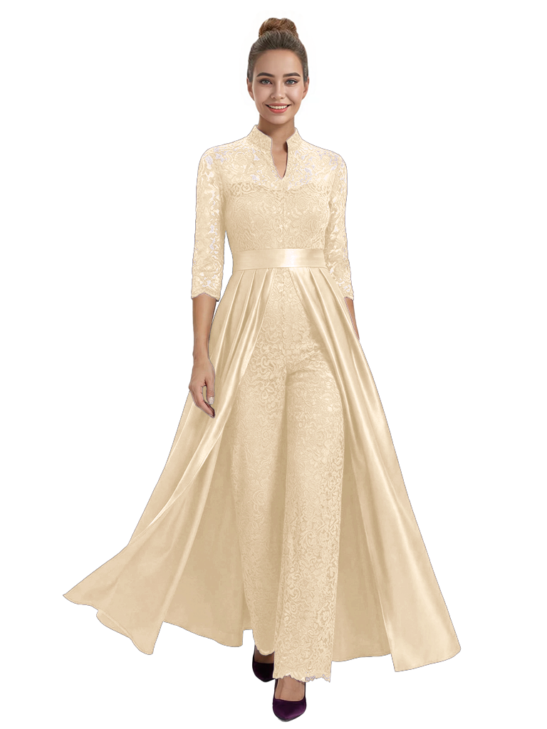 Mother of The Groom Outfit V-Neck 3/4 Sleeve Lace Pantsuit Satin Overskirt