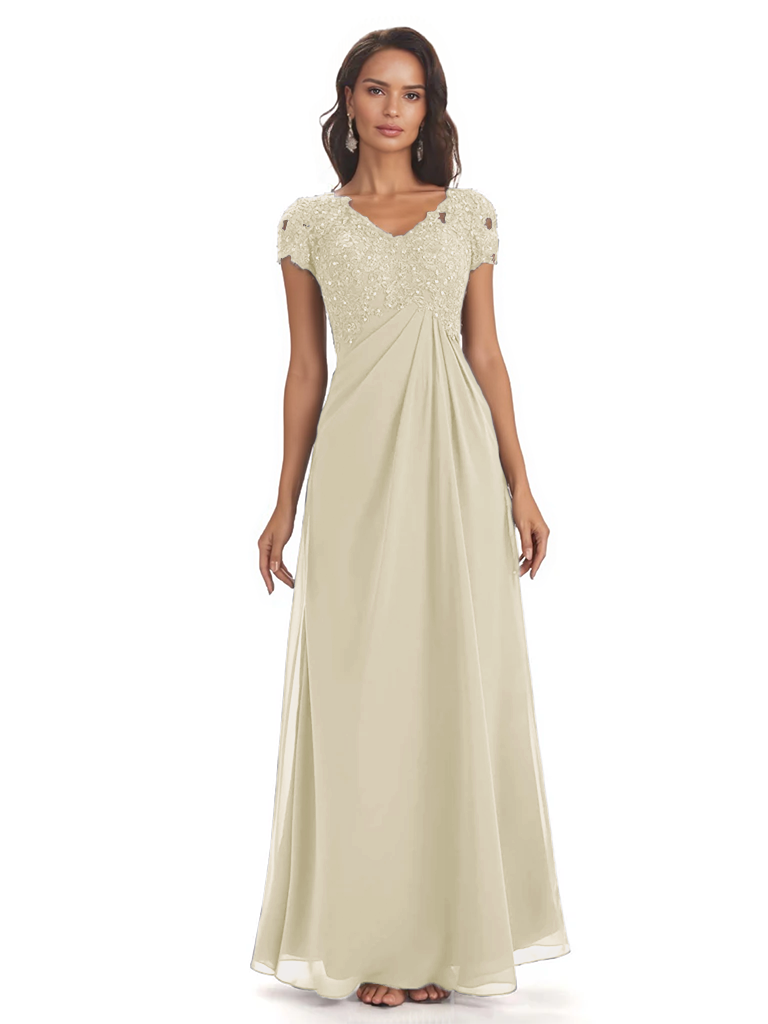 Elegant Short Sleeves Beaded Pleats A-line Floor-Length Mother of The Bride Dresses