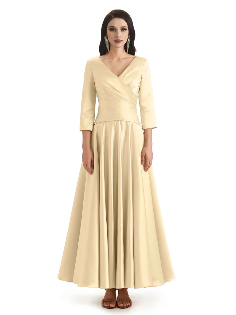 Elegant Soft Satin 3/4 Sleeves V-Neck Ankle Length Mother of The Bride Dresses