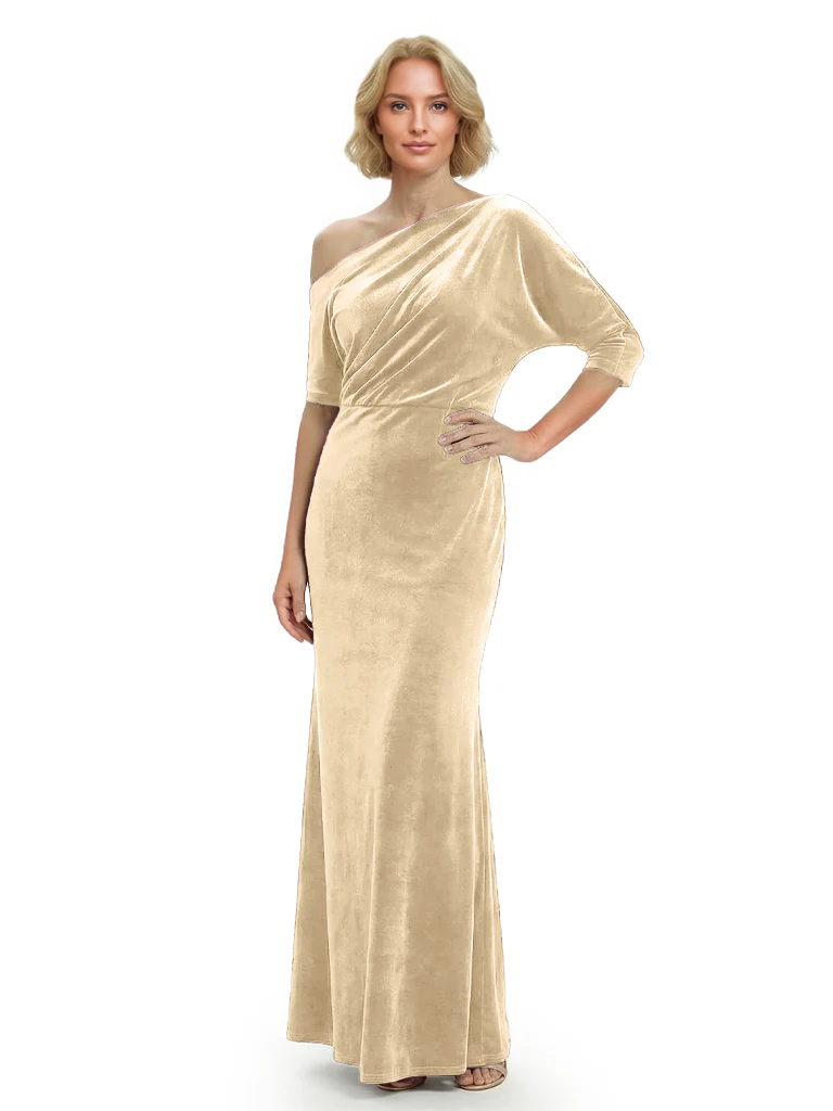 Sophisticated Asymmetrical Neckline Velvet Half Sleeves Maxi Mother Of The Groom Dress