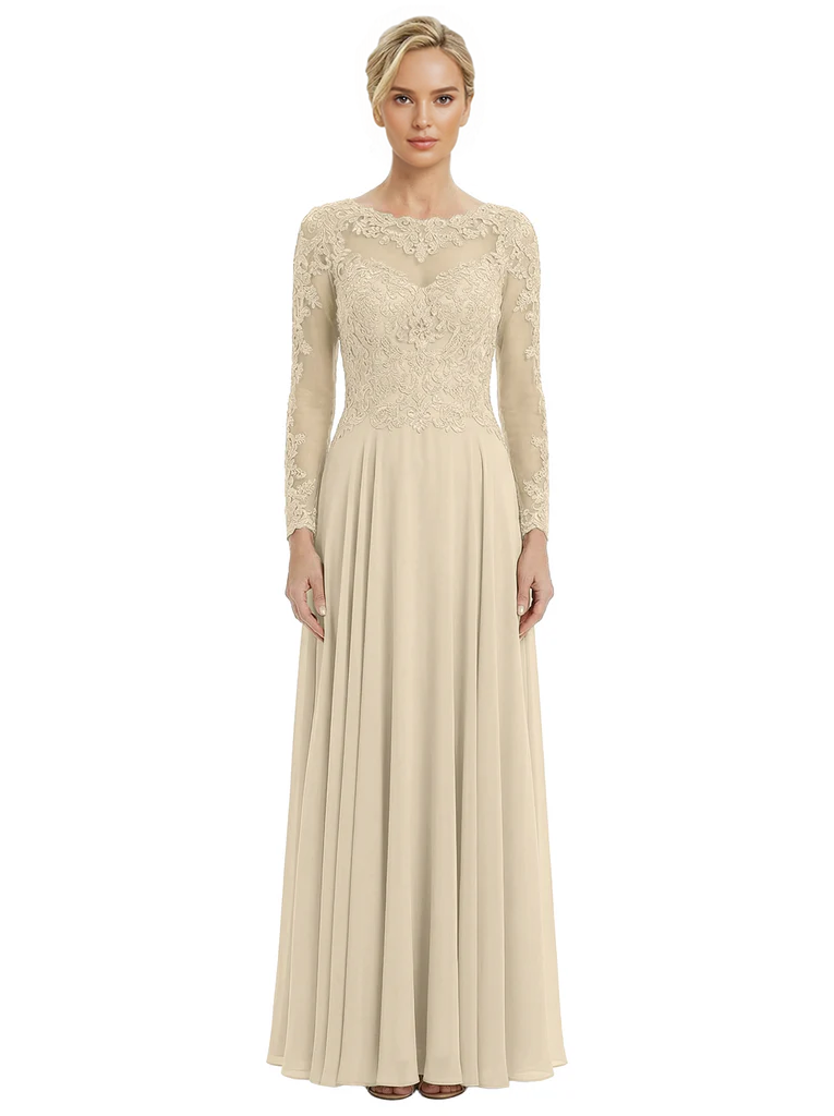 Mother of The Bride Dresses Scoop Long Sleeve Lace Chiffon Maxi Gown Pretty Embroidered Formal Wedding Event Attire