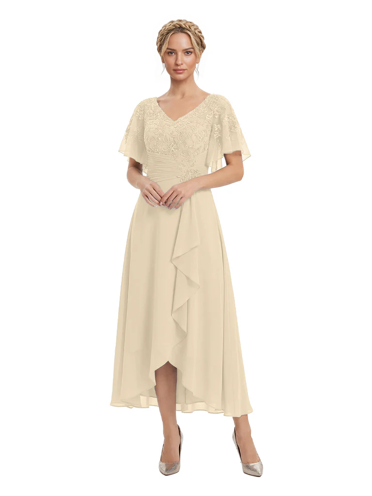 Unique Flutter Sleeves Lace Beaded Short Mother of the Groom Dresses