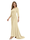 Mother of The Groom Dress Elegant Crew Scoop 3/4 Sleeve Crepe Maxi Gown Pleated Detail Classy Look