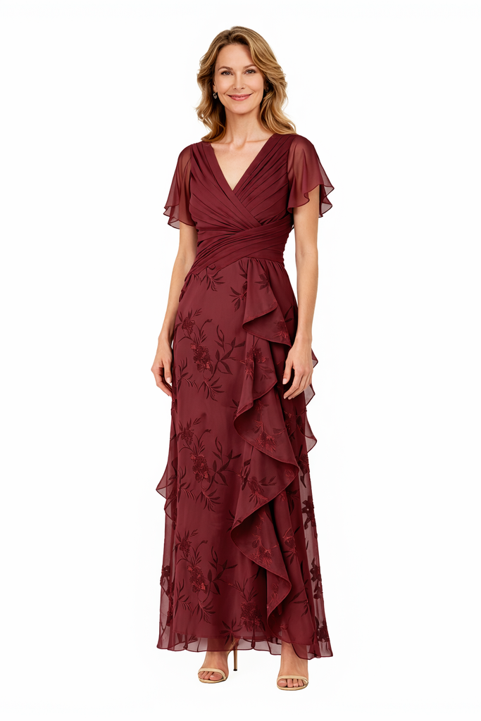 Elegant A-Line Lace Applique V-Neck Ruffle Chiffon Long Mother Of The Bride Dresses