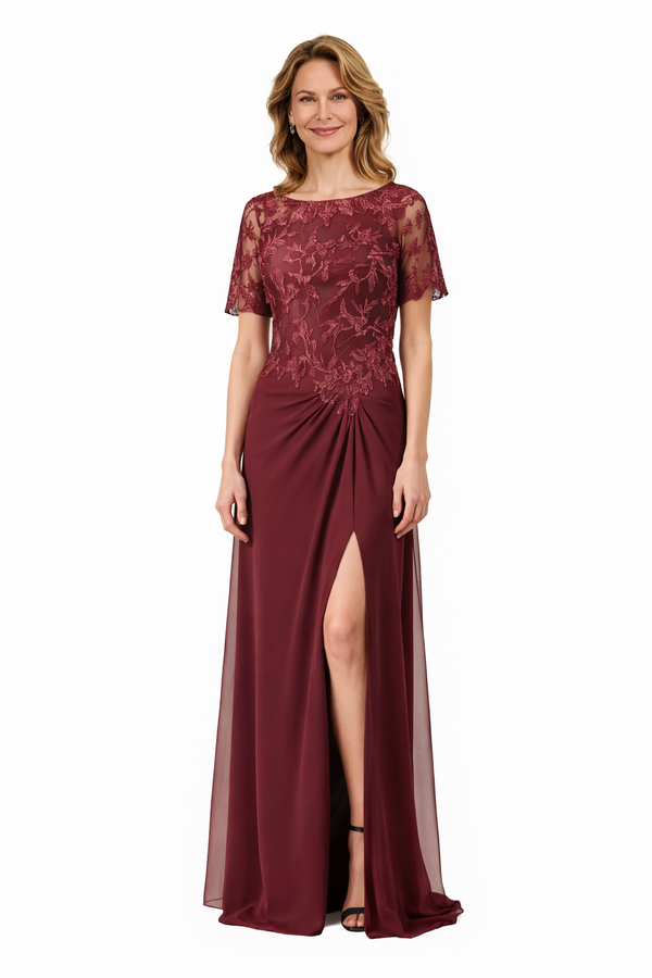 Elegant Side Slit A-Line Lace Applique Short Sleeves Chiffon Long Mother Of The Bride Dresses