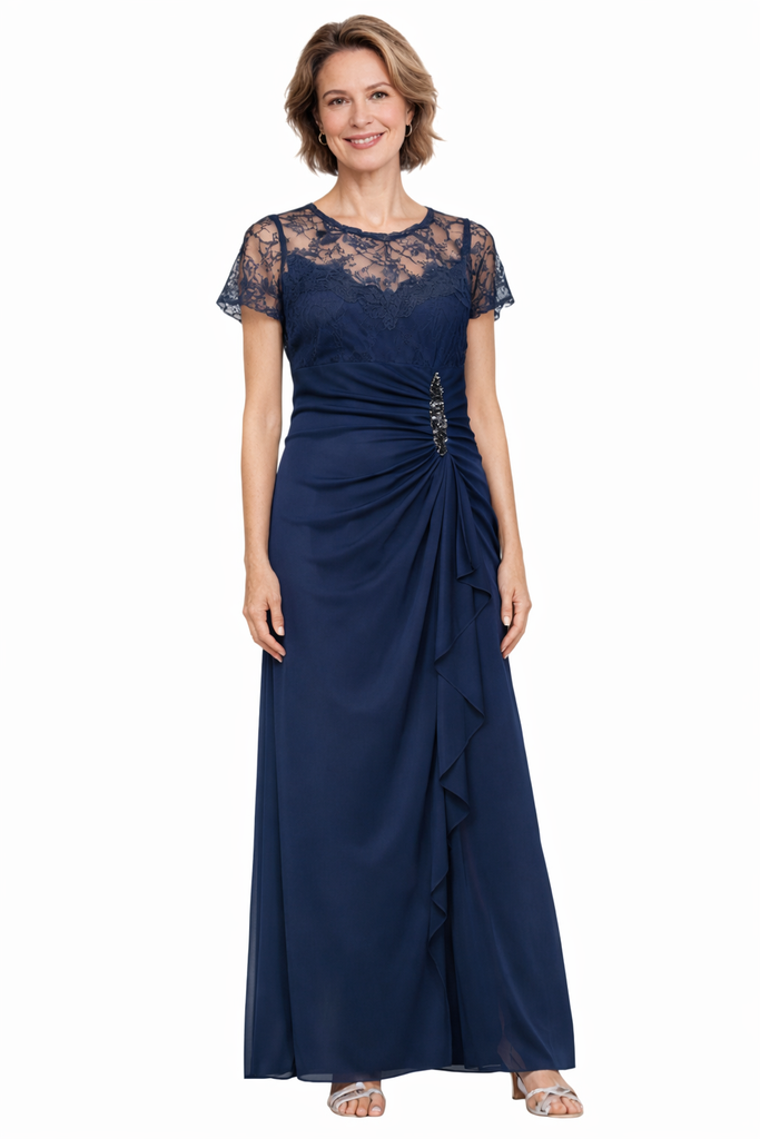 Elegant Illusion Short Sleeves Lace Chiffon A-line Long Mother of The Bride Dresses
