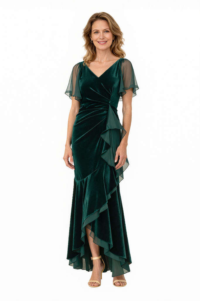 Elegant V-neck Flutter Sleeves Ruffles Velvet Mermaid Ankle-Length Mother Of The Bride Dresses