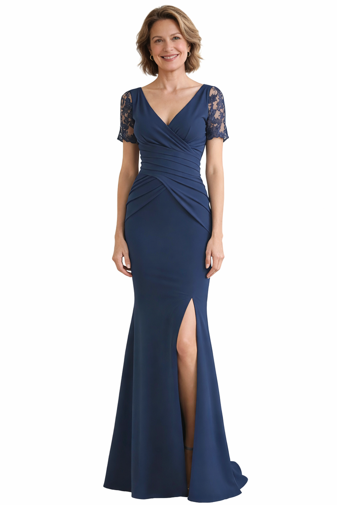 Elegant Mermaid V-neck Chiffon Lace Short Sleeves Mother of the Brides and Groom Dresses