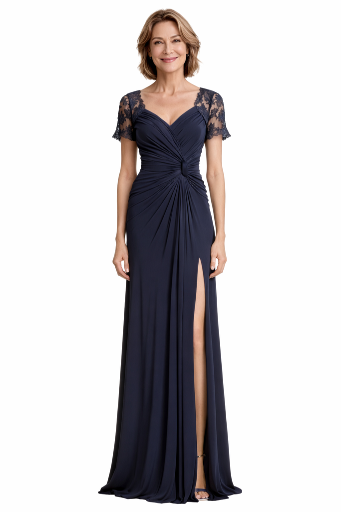Elegant Short Sleeves V-Neck Lace Chiffon A-line Long Mother of The Bride Dresses