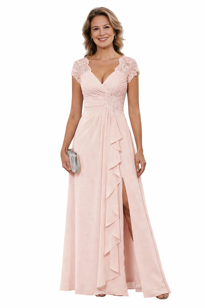 Elegant Chiffon Ruffles Lace Cap Sleeves A-line Mother of The Bride Dresses Sied Slit
