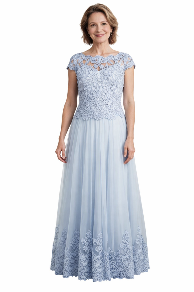 Elegant Tulle Lace Illusion Cap Sleeves A-line Mother of The Bride and Groom Dresses