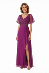 Elegant A-Line Chiffon Beaded Fultter Sleeves Long Mother Of The Bride Dresses Side Slit
