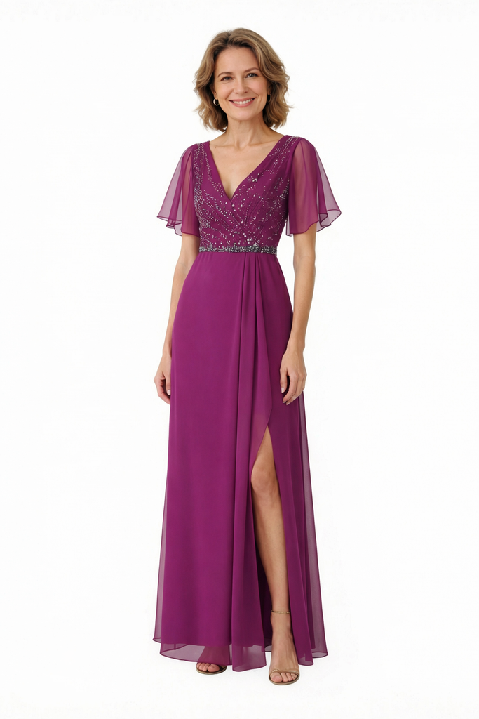 Elegant A-Line Chiffon Beaded Fultter Sleeves Long Mother Of The Bride Dresses Side Slit