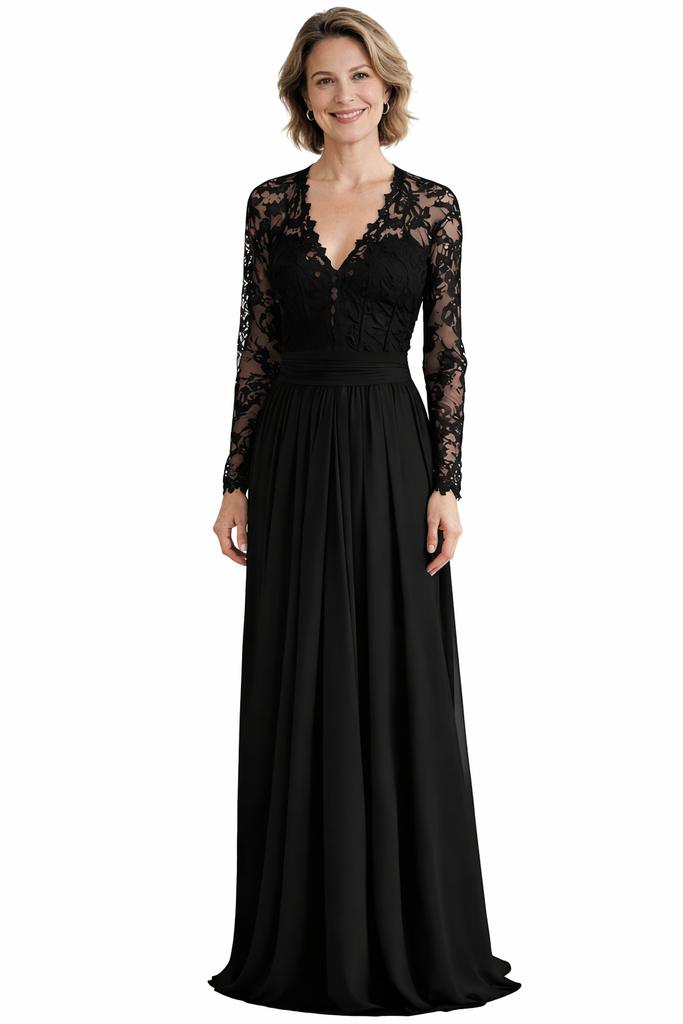 Elegant Chiffon V-neck Long Sleeves Lace Long Mother of The Bride Dresses