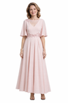 Elegant Chiffon Illusion Flutter Sleeves A-Line Tea Length Mother of The Bride Dresses