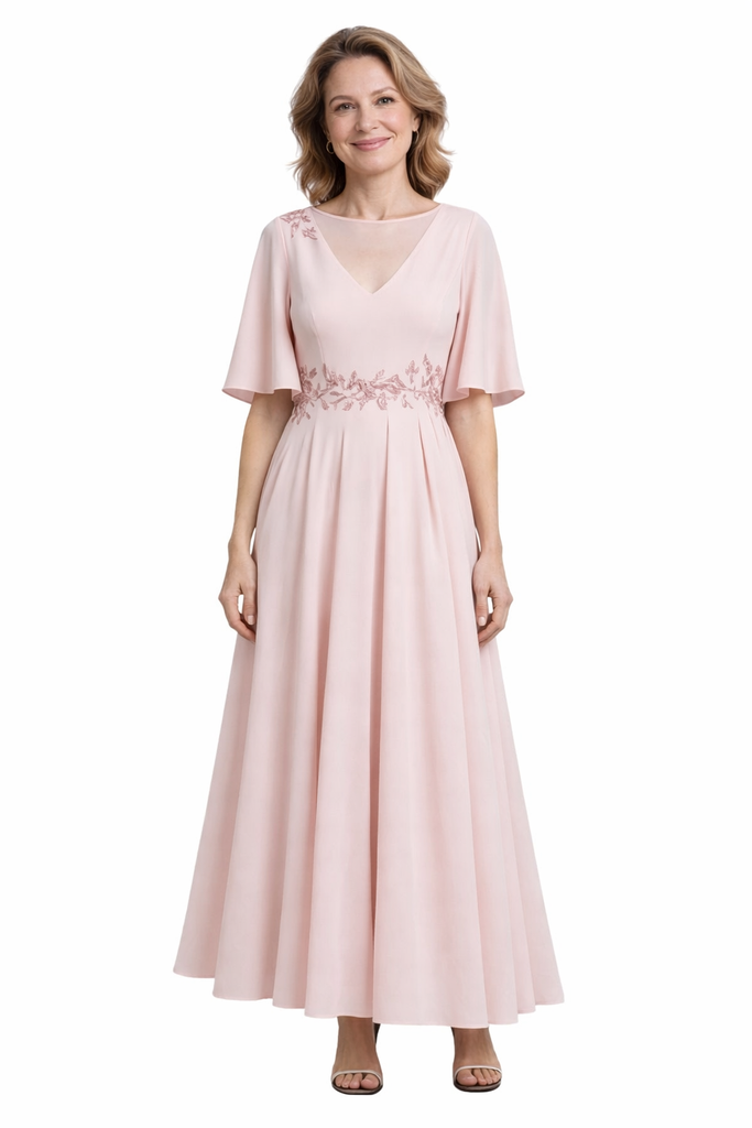 Elegant Chiffon Illusion Flutter Sleeves A-Line Tea Length Mother of The Bride Dresses