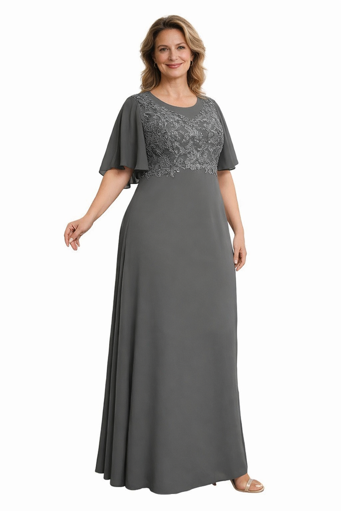 Elegant Chiffon Scoop Flutter Sleeve A-Line Long Mother of The Bride Dresses