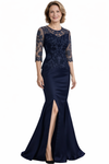 Elegant Half Sleeves Mermaid Lace Satin Floor-Length Mother of the Bride Dresses Side Slit