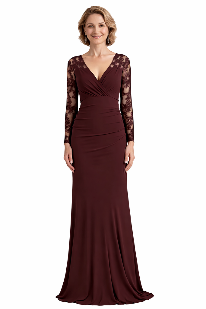 Elegant Mermaid V-neck Chiffon Long Sleeves Maxi Mother of the Brides Dresses