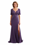 Elegant V-Neck Lace Short Sleeves Side Slit Chiffon Mermaid Mother Of The Bride Dresses