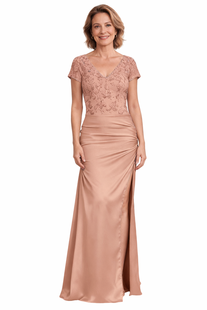 Elegant Short Sleeves Mermaid Lace Soft Satin Side Slit Floor-Length Mother of the Bride Dresses