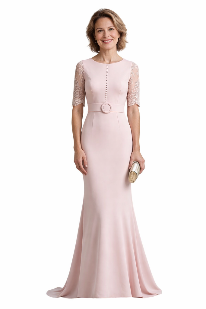 Elegant Stretchy Crepe Half Sleeves Long Mermaid Mother Of The Bride and Groom Dresses