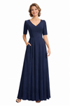 Modern V-Neck Short Sleeves Floor-Length Chiffon A-Line Mother Of The Bride Dresses