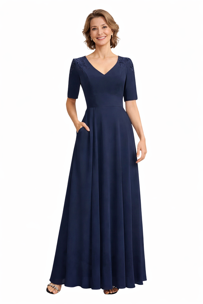 Modern V-Neck Short Sleeves Floor-Length Chiffon A-Line Mother Of The Bride Dresses