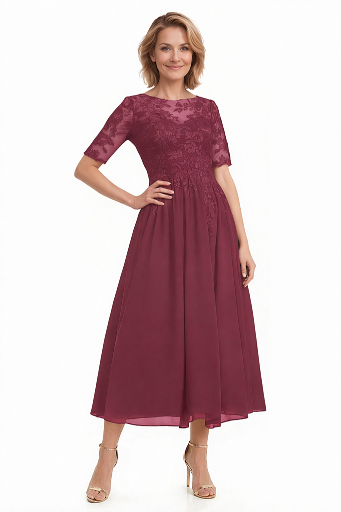 Elegant Illusion Half Sleeves Chiffon Short A-Line Mother Of The Bride Dresses