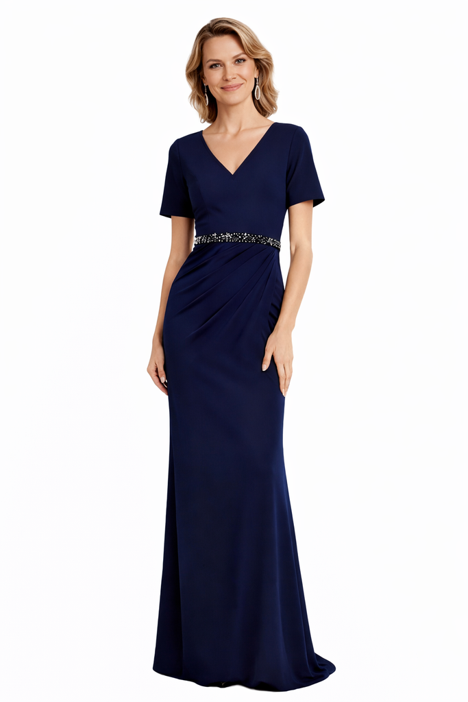 Elegant V-Neck Mermaid Short Sleeves Crepe Long Mother Of The Bride Dresses