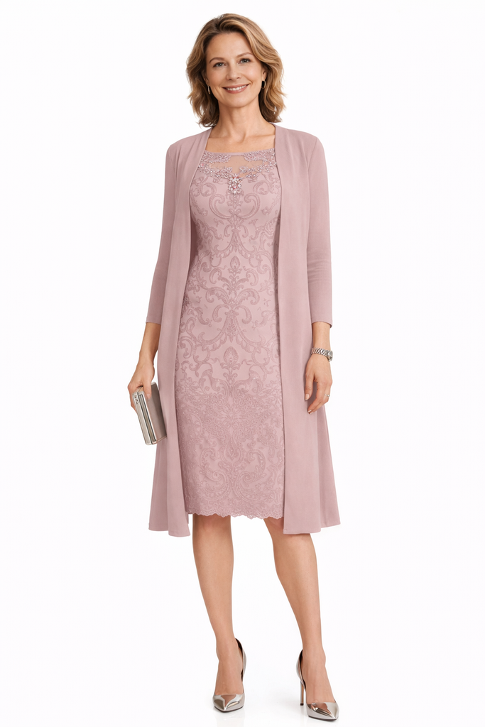 Elegant Jewel 3/4 Sleeves Chiffon Lace Mother Of The Bride Dresses With Jacket