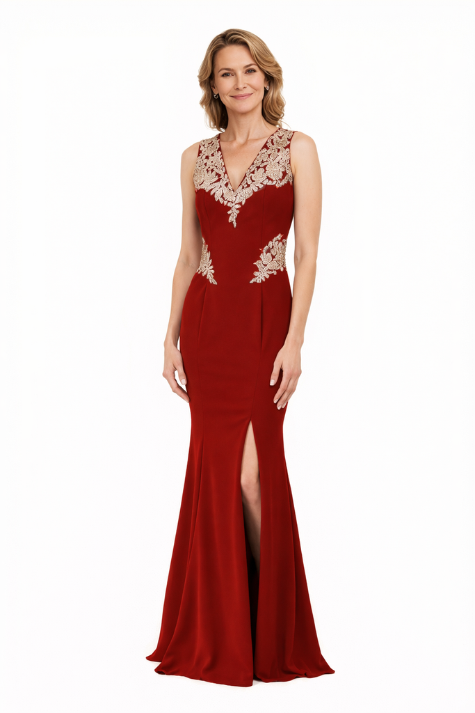 Elegant Crepe V-Neck Mermaid Side Slit Applique Long Mother Of The Bride Dresses