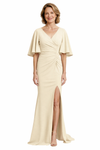 Elegant Flutter Sleeve V-Neck Crepe Mermaid Mother of the Brides Dresses Slit